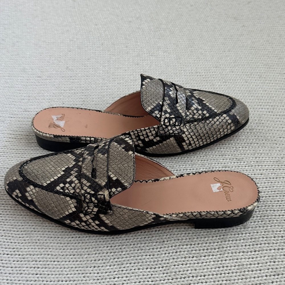 J. Crew Snake Print Slip-On Mules in Black and Beige
